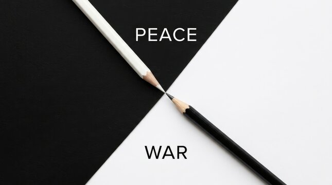 White and black pencils meeting on diagonal split background representing conceptual peace and war contrast theme