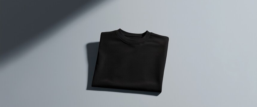 Neatly folded black crewneck t-shirt on a light gray surface