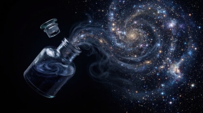 Galaxy swirling out of a glass bottle