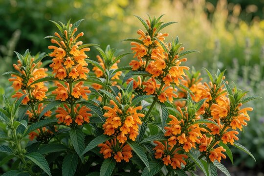 Close up view of blooming Lion Tail plant with vibrant orange flowers. Green foliage complements bright petals. Soft bokeh background suggests garden setting. Plant grows upright.