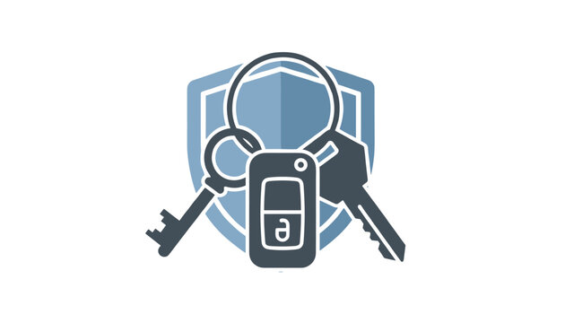 Security keychain featuring car keys and remote control placed in front of a protective blue shield icon on white background.