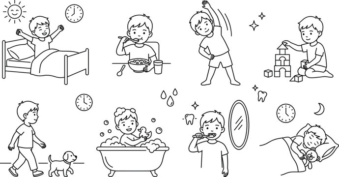 Kids daily routine schedule line art vector set with morning waking eating playing bathing sleeping for children coloring pages