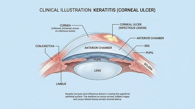 Medical Illustration of Human Eye Anatomy Showing Corneal Ulcer and Inflammation, Cross Section of Eye with Limbus, Conjunctiva, and Lens