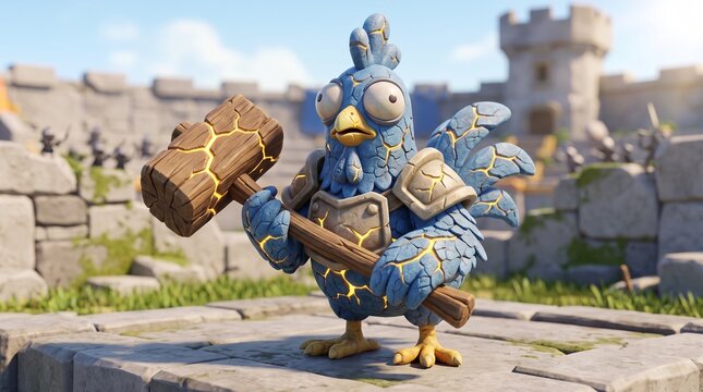 A Clash Royale character design of a blue chicken character with big oval eyes in the style of a fun 3d mobile game