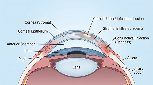 Anatomical Diagram of Eye Showing Corneal Stroma, Epithelium, and Stromal Edema, Clinical Illustration of Infectious Corneal Lesion