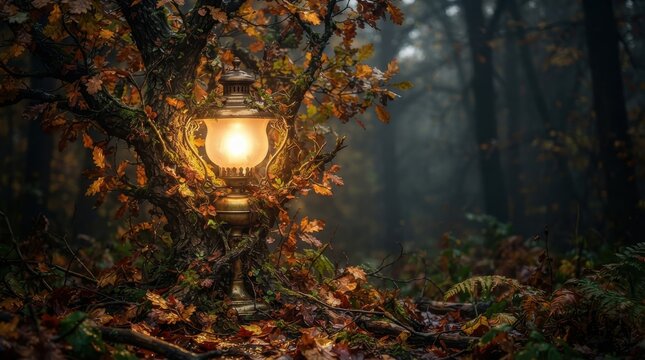 Lit vintage lantern in an autumn forest