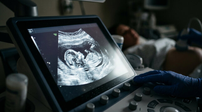 Sonogram of baby in womb, doctor's hands operate ultrasound machine