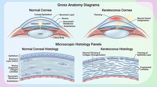 Gross Anatomy and Microscopic Histology of Normal Cornea versus Keratoconus Corneal Disorder
