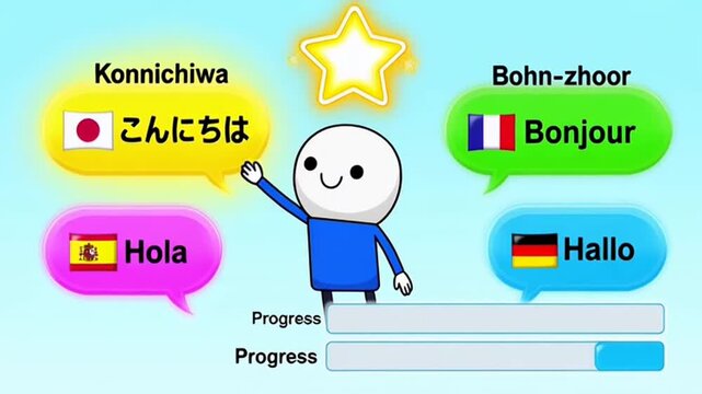Interactive Language Learning Game Character Progress and Level Up Animation.