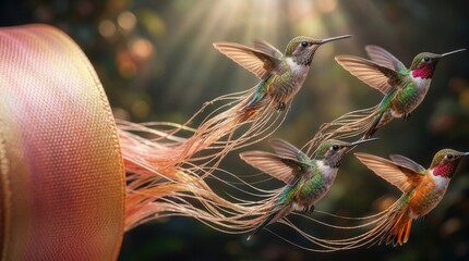 Obraz premium Hummingbirds flying from a golden ribbon