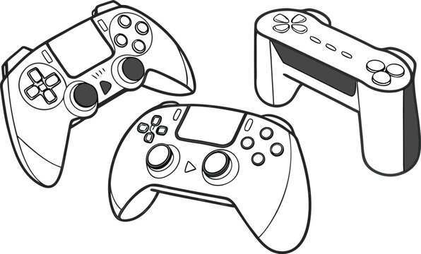 Three different game controllers for consoles illustrated in a simple black and white line style on a white background