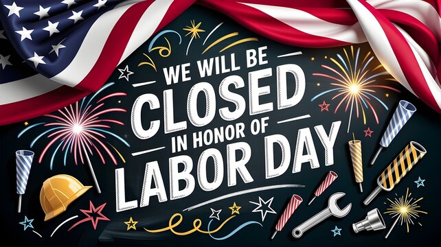 Labor day holiday closure sign with american flag, fireworks, and construction gear on a dark chalkboard background