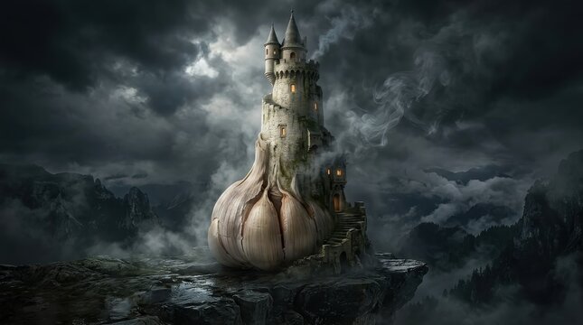 Fantasy castle built on a giant garlic bulb