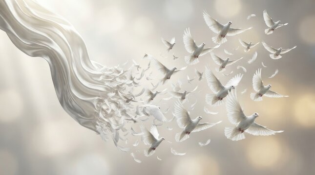 White doves flying and transforming from fabric