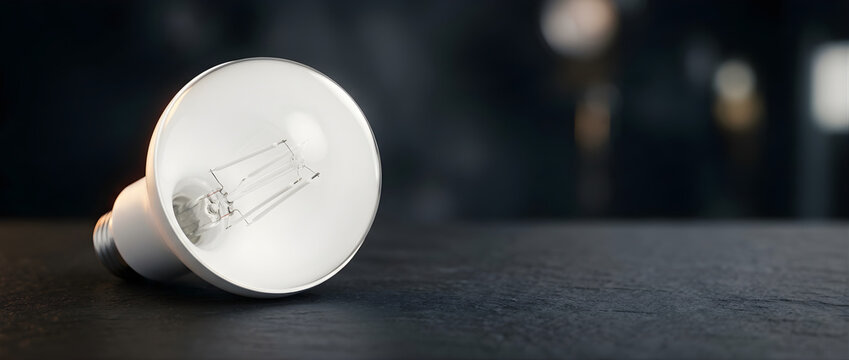 Close up of a modern LED light bulb resting on a dark textured surface with a softly blurred background emphasizing its innovative design
