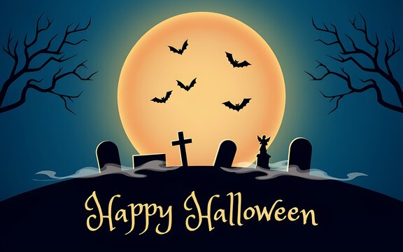 Spooky halloween background with a glowing full moon graveyard silhouettes and flying bats at night