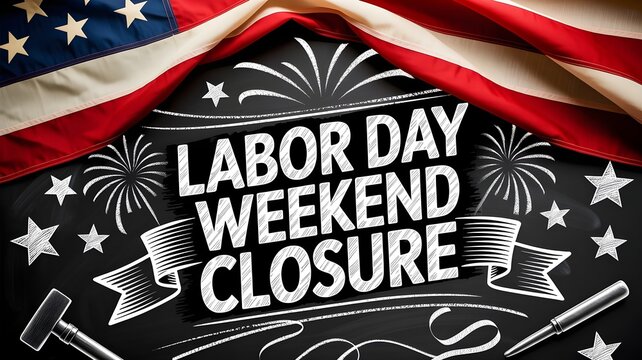 Labor day weekend closure sign on a chalkboard background with american flag, fireworks, and tools, representing a holiday business notice