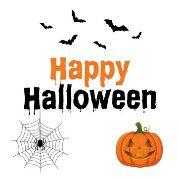 Happy halloween typography design with a spooky pumpkin spider web and flying bats on white background