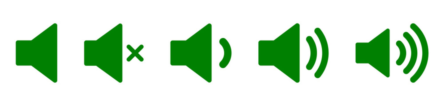 Green Sound Volume Icon Set From Mute to High Volume Isolated on Transparent Background PNG Vector