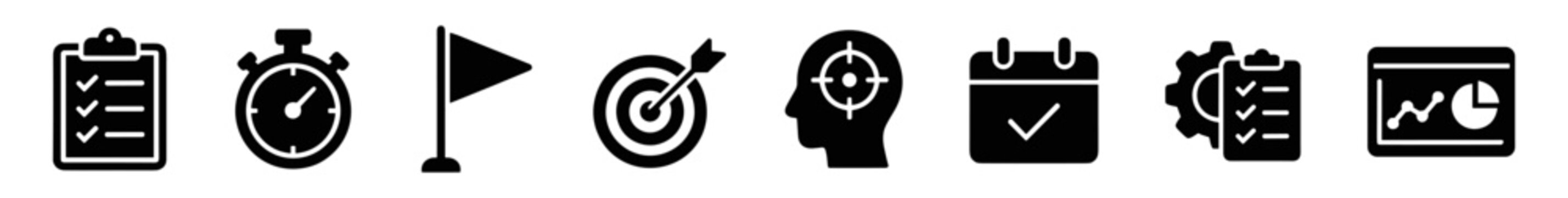 Set of black business and productivity icons including checklist, stopwatch, flag, target, focus, calendar, gears, and chart symbols on transparent background