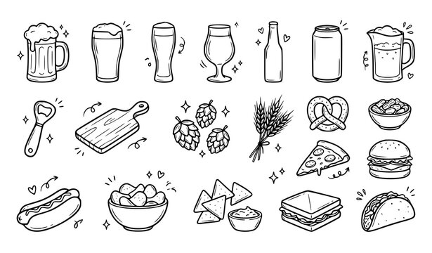 Beer Glassware and Bar Food Doodle Vector Set with Hand Drawn Glasses Hops Wheat Snacks and Fast Food Illustrations for Pub Menus and Graphic Designs