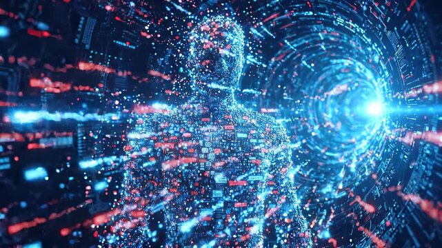 Digital silhouette of human figure composed of glowing data particles in futuristic tunnel. Virtual reality and artificial intelligence concept. Lockdown medium shot.
