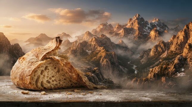 Sourdough bread loaf on a wooden table before misty mountains