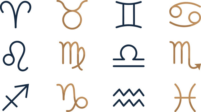 Zodiac Sign Vector Icon Set with 12 Astrology Symbols Including Aries, Taurus, Gemini, Leo, Scorpio, and Pisces for Esoteric Tarot Minimalist Graphic Designs