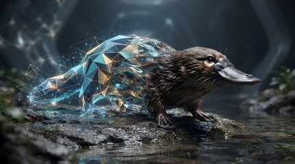 Obraz premium Futuristic platypus standing by water as its body dissolves into glowing geometric low poly polygons and cybernetic digital particles in a dark environment.