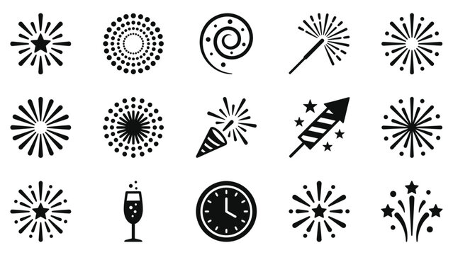 Collection of diverse firework and celebration icons isolated on white background