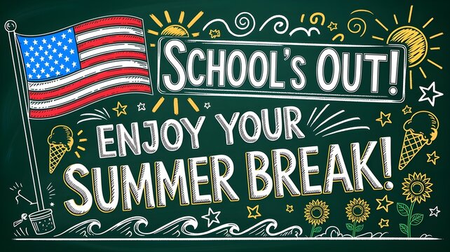 Chalkboard style illustration with schools out enjoy your summer break text, american flag, suns, ice cream cones, sunflowers, and ocean waves, summer vacation concept