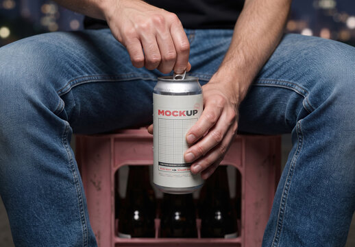 Man Sitting opening Can Label Mockup