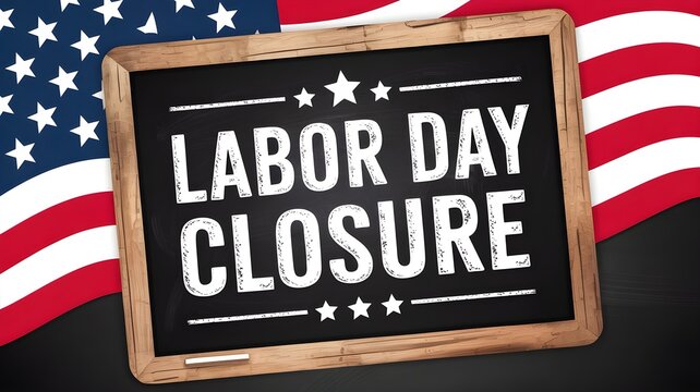 Labor day closure sign on a chalkboard with an american flag background concept for holiday business hours, office closure, or retail store announcement