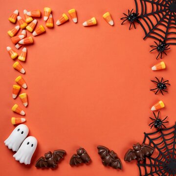 Halloween border frame with candy corn ghosts spiders and cobwebs on an orange background