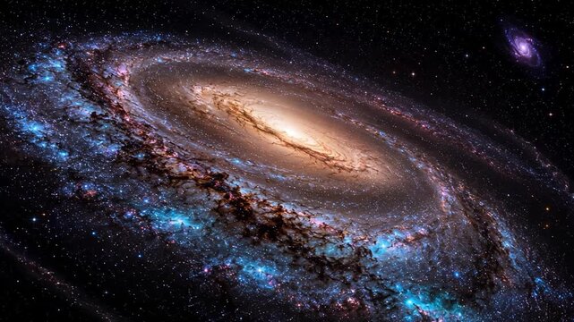 Bright Andromeda style spiral galaxy floating in the darkness of deep space in ultra detailed 4K.