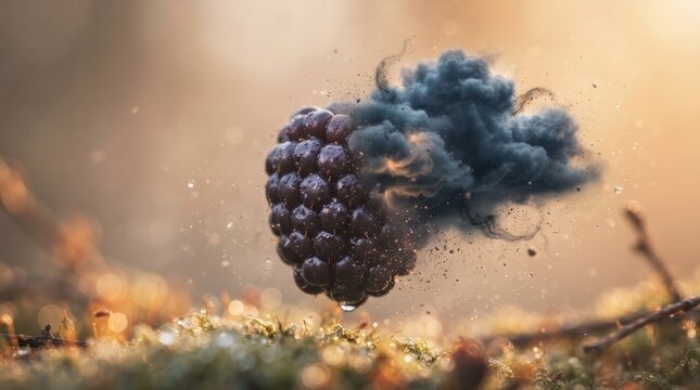 Blackberry fruit exploding into dark smoke
