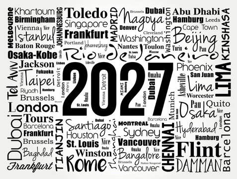 2027 WORLD CITIES text word cloud design concept with global cities names like London Tokyo New York for travel destination geography maps background poster template corporate element layout