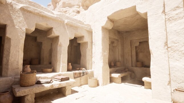 Empty ancient market stalls carved into light stone walls with baskets and folded textiles