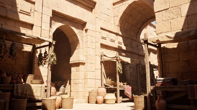 Sunny outdoor courtyard of an ancient market with stone arches, wooden stalls, and hanging herbs