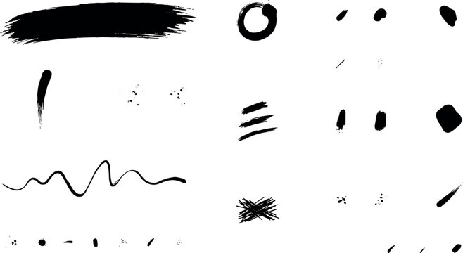 Black Ink Brush Stroke and Splatter Vector Set with Hand Drawn Textured Lines, Circles, Smudges, and Artistic Paint Textures for Creative Minimalist Japanese Calligraphy Designs