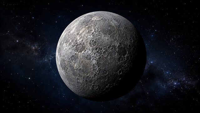 Highly detailed full moon surface showing craters and texture against a deep black outer space background filled with bright shining stars and galaxies