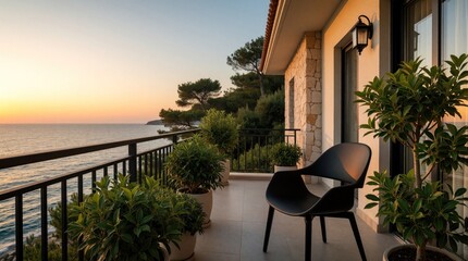 Obraz premium Modern balcony view of sea at sunset with green plants, stylish black chair. Outdoor terrace area potted plants for comfort. Residential home overlooks ocean water in peaceful summer evening. Travel