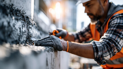 Obraz premium Gloved hands of a european inspector checking a smooth concrete column joint of a modern building bright daylight on clean architectural surfaces small gauge held against the