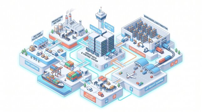 Modern light themed isometric global supply chain and logistics network diagram