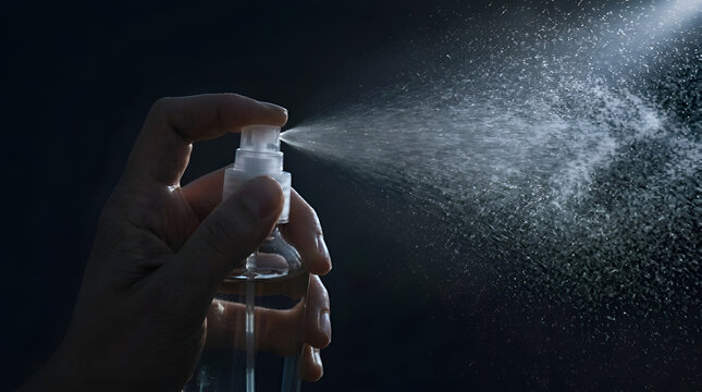 Close-up of hand spraying disinfectant. Hand sanitizing for hygiene and cleanliness in public spaces.
