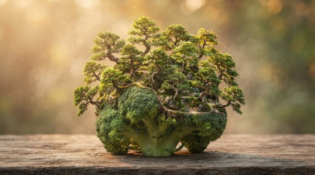 Bonsai trees growing on a broccoli head