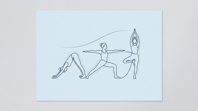 Minimalist yoga poses line art illustration on blue background with wellness