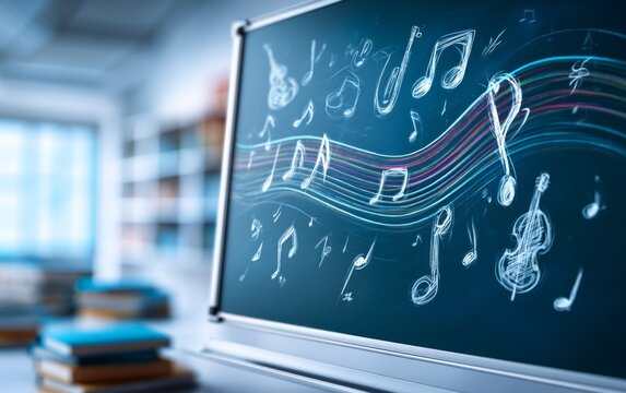 Creative chalkboard with colorful musical notes and instrument sketches