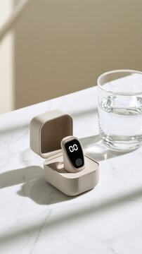 Minimalist pulse monitor glass of water marble table soft shadow copy space clean background healthcare wellness medical device beige case pulse oximeter digital display open box product photo