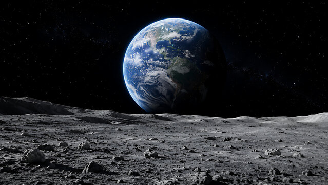 View of planet earth from the rocky surface of the moon showing craters and dark starry space background for science and astronomy concepts